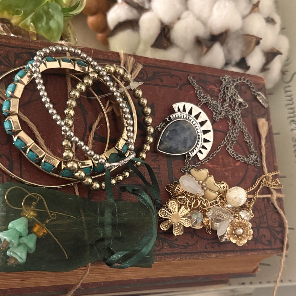 American Eagle Outfitters Gold and Turquoise Bracelet Stack and necklaces